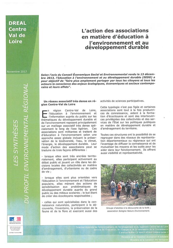 L'action des associations en matière d'éducation à l'environnement et au développement durable | DIRECTION REGIONALE DE L'ENVIRONNEMENT, DE L'AMENAGEMENT ET DU LOGEMENT CENTRE-VAL DE LOIRE