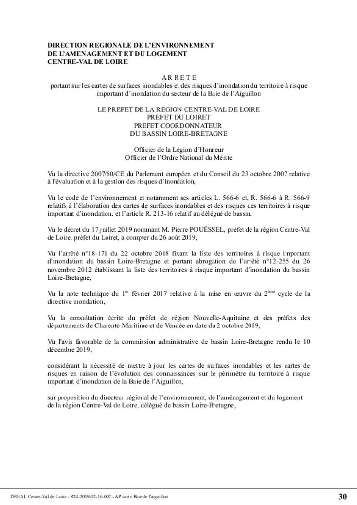 Directive inondations Bassin Loire-Bretagne : Cartes de surfaces inondables et des risques des territoires à risque important (TRI) portant sur les cartes de surfaces inondables et des risques d’inondation du territoire à risque important d’inondation du secteur de la Baie de l’Aiguillon | 