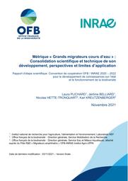 Métrique "Grands migrateurs cours d'eau" : Consolidation scientifique et technique de son développement, perspectives et limites d'application | PLICHARD Laura