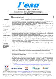 L'eau en Provence-Alpes-Côte d'Azur : Bulletin de situation hydrologique de la DREAL PACA, n° 179, août 2013 | DIRECTION REGIONALE DE L'ENVIRONNEMENT, DE L'AMENAGEMENT ET DU LOGEMENT PROVENCE-ALPES-COTE D'AZUR