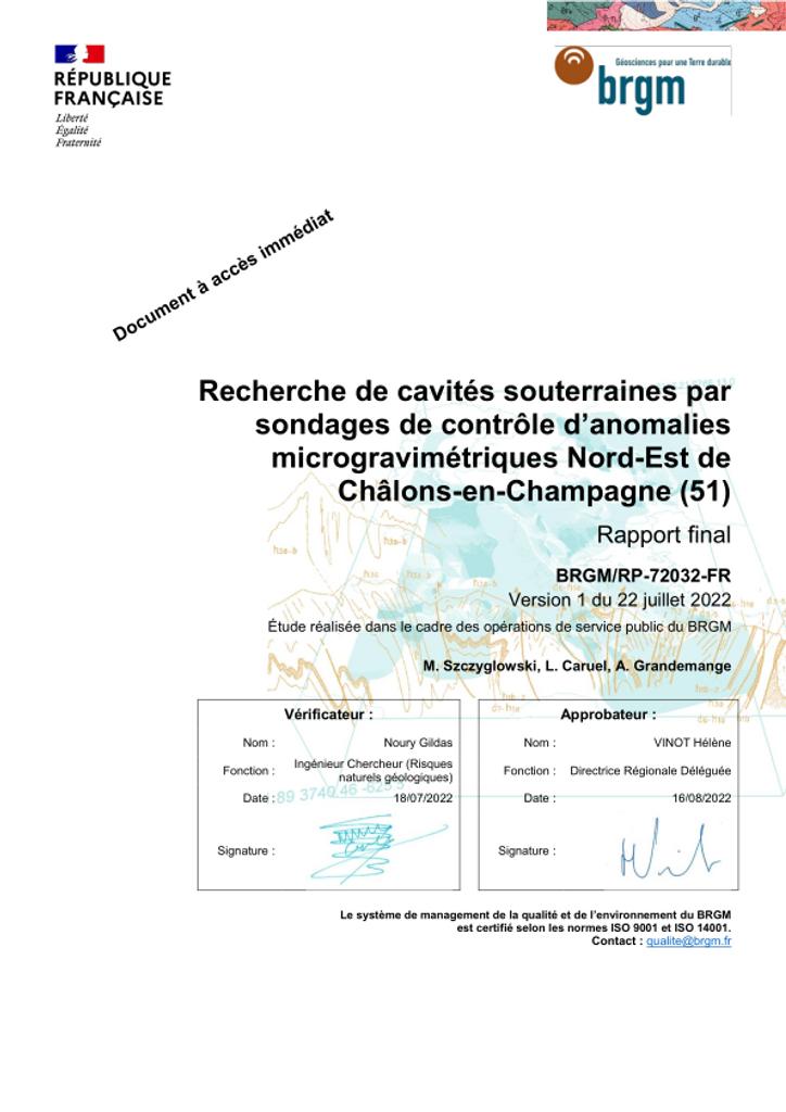 Recherche de cavités souterraines par sondages de contrôle d'anomalies microgravimétries Nord-Est de Châlons en Champagne (51) - Rapport final | 